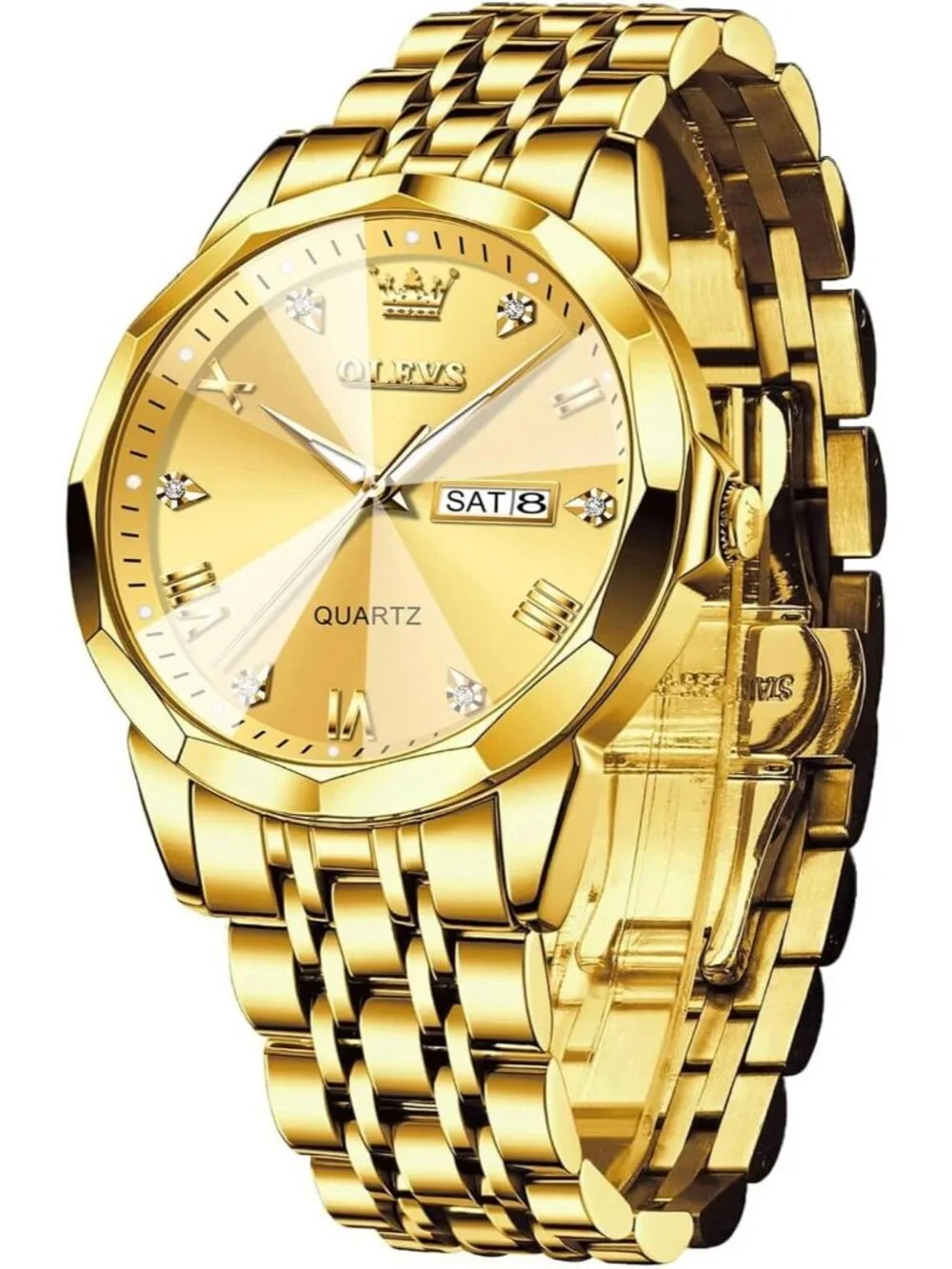 Men's All Gold Diamond Stainless Steel Analog Quartz Classic Waterproof Watch